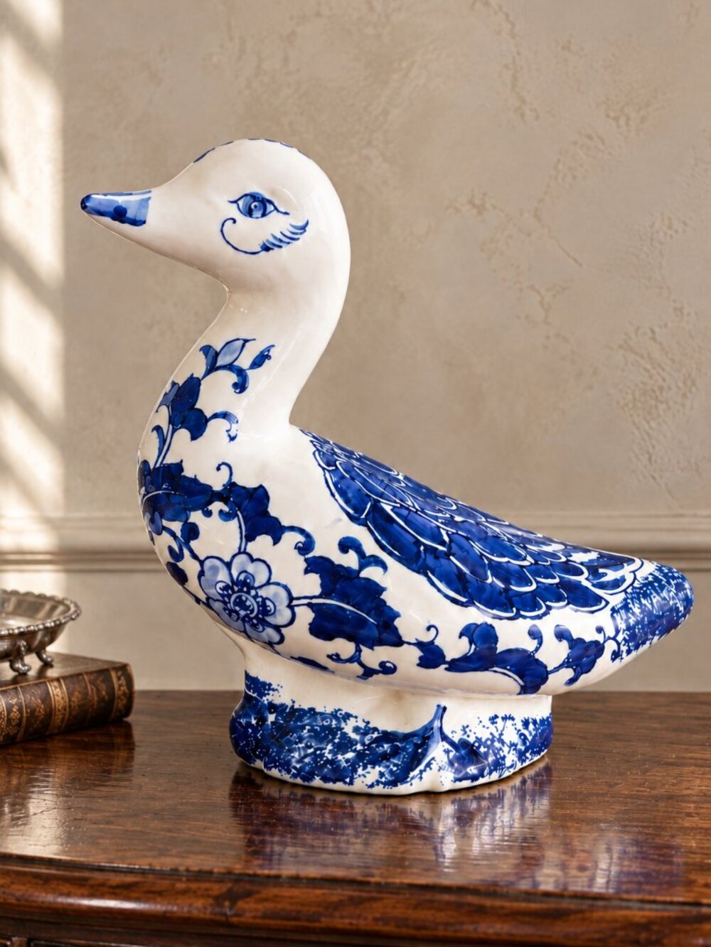 Vintage Chinoiserie Hand Painted Cobalt Blue & White Transferware Duck Figurine